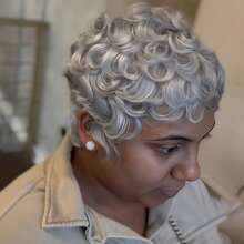 Silvery Gray Pixie Cut Curly Wave Human Hair Wig For Women, Short Loose Wave Style, Glueless Rose Net Cap, Non-Lace Pixie Cut Wigs For Women, With Bangs Ideal Mommy Wig Perfect For Daily Use Wear, Halloween Costumes, Christmas - SSilver Gray - View 7