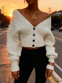 女士新款休闲百搭白色 V 领长袖开衫，优雅简约麻花针织性感腰部收紧纽扣，舒适柔软外出毛衣，秋冬 - 米色 - 查看 4