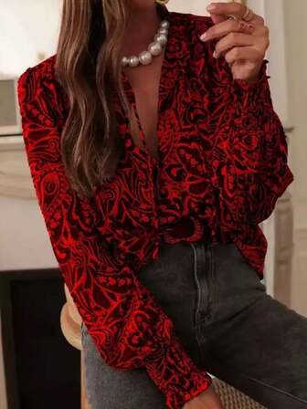 Heltryckt knappveckad volangblus för kvinnor