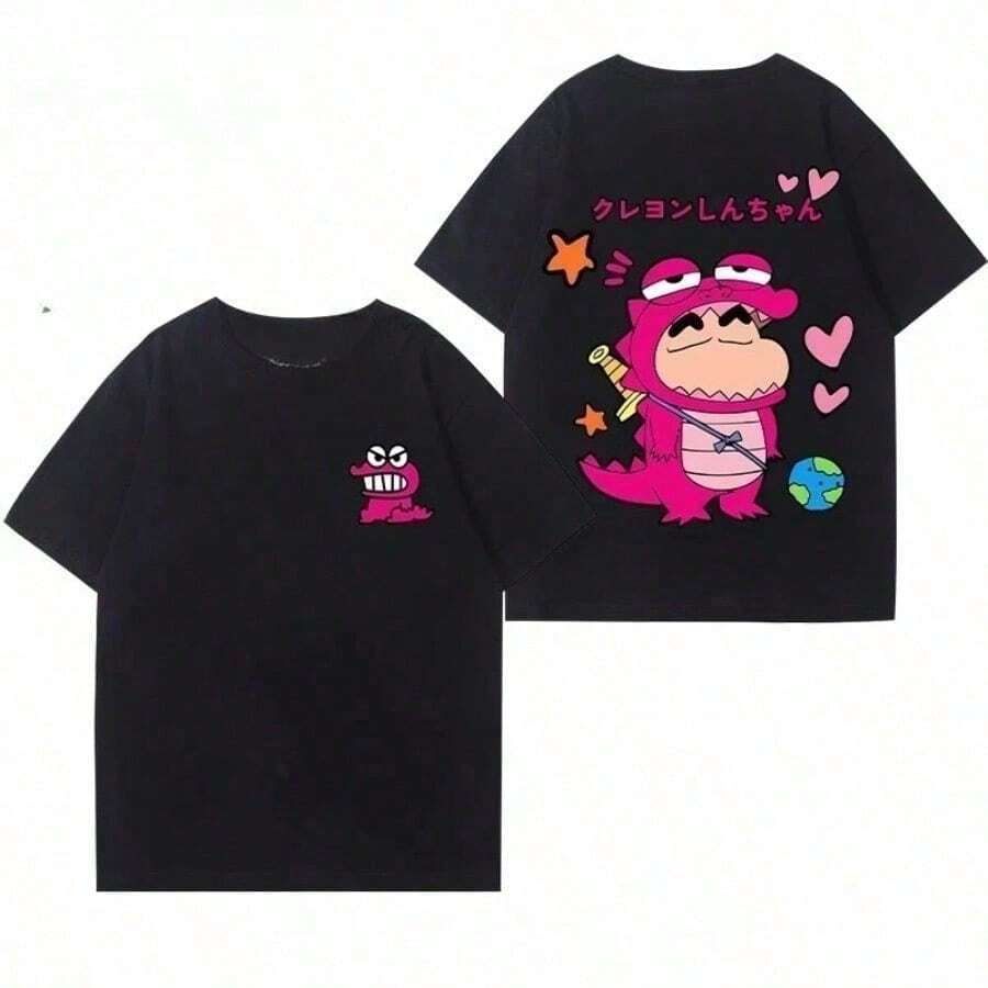 Crayon Shin-Chan Co-Branded Waniyama San Graphic T-Shirt Summer Cotton Cute Women T-Shirt Fashion Loose Couple T-Shirt - màu đen - Xem 1