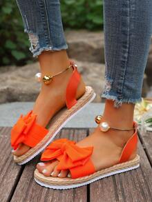 Bow Flower Decor Women's Slip-On Beach Sandals, Sweet Fairy Style, Versatile, Non-Slip Soft Sole, Summer Beach Vacation - Orange - View 5