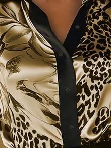 1 pieza Camisa de manga larga con botones y estampado de leopardo en todo el Body de satén para mujer, elegante y de moda para vacaciones, oficina, hogar, uso diario, festivales, todas las estaciones