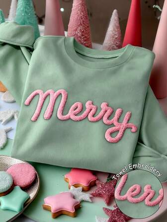 圣诞快乐礼物，柔软舒适的鼠尾草绿和粉色刺绣卫衣，高品质抓绒圆领长袖休闲女式连帽衫，适合秋冬季穿着