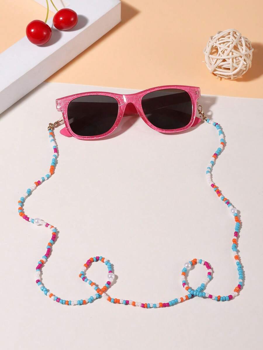 1 Set 1 Pieza Gafas de moda rectangulares de colores bohemios para niñas de 4 a 8 años y 1 Pieza Cadena de gafas de perlas de colores, adecuado para regalos de vacaciones, fiestas y atuendos diarios - Multicolor - Ver 1