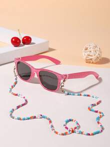 1 Set 1 Pieza Gafas de moda rectangulares de colores bohemios para niñas de 4 a 8 años y 1 Pieza Cadena de gafas de perlas de colores, adecuado para regalos de vacaciones, fiestas y atuendos diarios - Multicolor - Ver 3