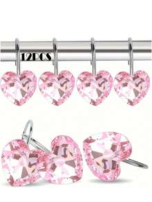 12pcs PMMA Shower Curtain Hook, Creative Heart Shaped Shower Curtain Ring For Bathroom Home Bathroom Decor Fall Decor Bathroom Accessories Back To School - Pink - View 9