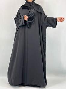 Pretty Fashion Muslim Dress Bell Sleeve Black Abaya Modest Women Kimono Robe With Scarf - Black - View 4