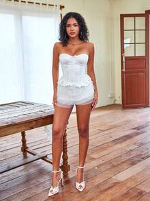 Apperloth A Áo quây crop top trắng kiểu Y2K, áo quây hở eo dễ thương với nơ trang trí, viền bèo nhún, thân áo corset buộc dây hở lưng, trang phục thường ngày thoải mái cho nữ, thích hợp cho ngày Valentine. - trắng - Xem 5