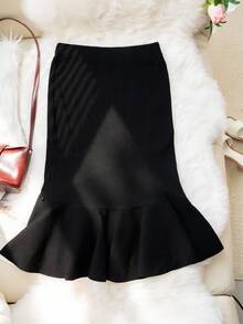 Women's Beaded Ruffle Hem Knit Skirt, Versatile Slim Fit Mermaid Hem Bodycon Skirt For Autumn/Winter - Black - View 7