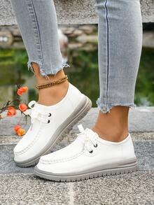 2025年秋季新款女士大码系带帆布鞋，百搭休闲轻便厚底运动鞋 - 白色 - 查看 4