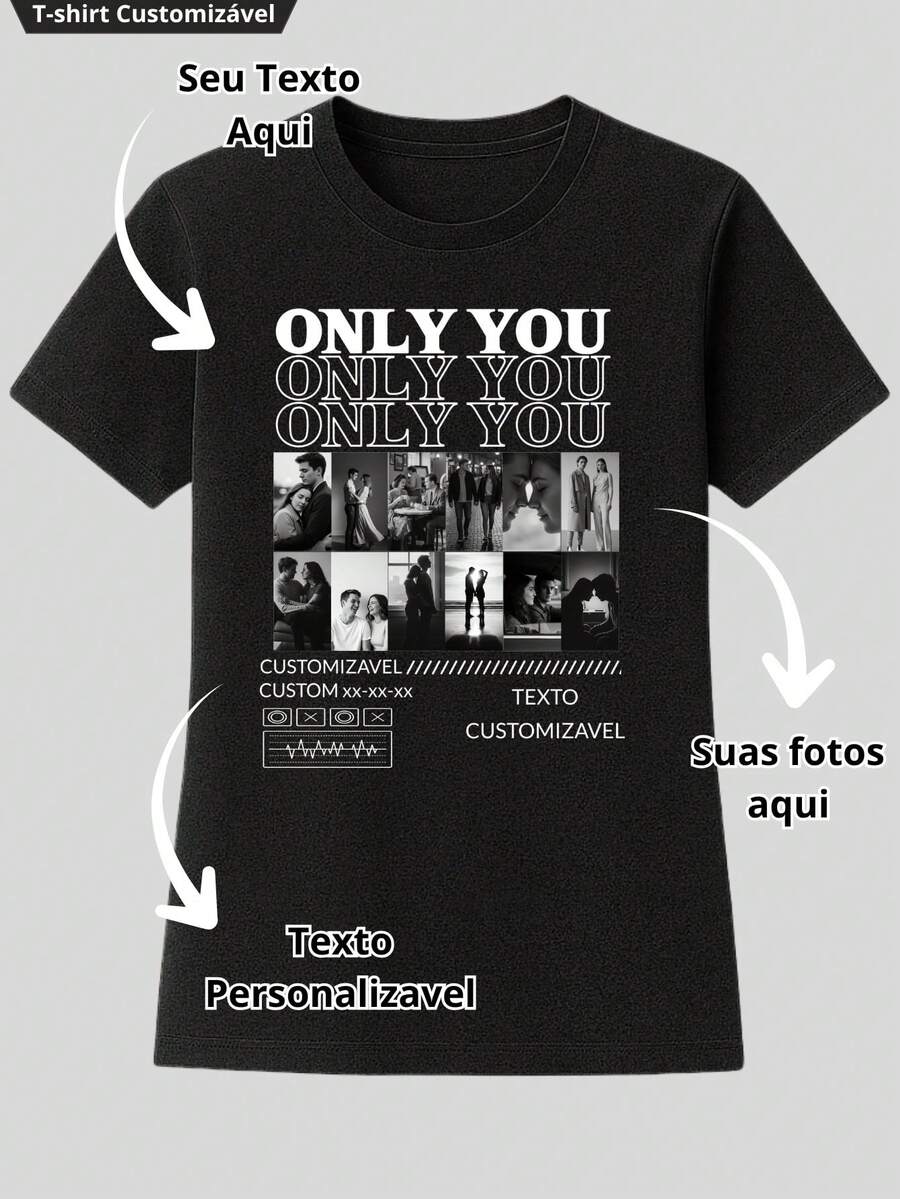Camiseta Personalizada Dia dos Namorados com Foto Casal - Preto - Visão 1