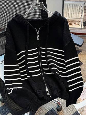 秋冬季撞色条纹学院风双面拉链连帽休闲宽松针织开衫