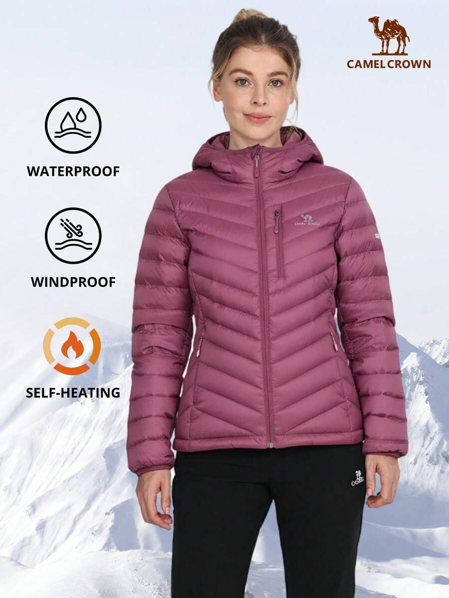 CAMEL CROWN 女士轻便可收纳羽绒服，带帽绗缝冬装外套，前口袋