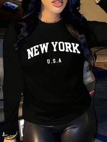 Playera de Mujer con Estampado de Letras de Nueva York, Camiseta Casual de Manga Larga y Manga Corta, Cuello Redondo, Ropa de Moda para Primavera y Otoño, Blusa Moderna y Versátil - Negro - Ver 1