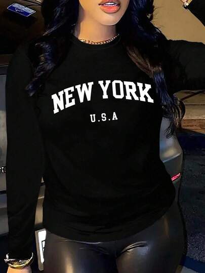 Playera de Mujer con Estampado de Letras de Nueva York, Camiseta Casual de Manga Larga y Manga Corta, Cuello Redondo, Ropa de Moda para Primavera y Otoño, Blusa Moderna y Versátil