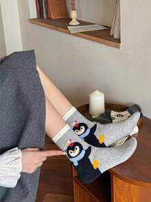 1/4 双可爱卡通企鹅百搭舒适中筒袜，秋冬圣诞礼物 - 彩色 - 查看 7