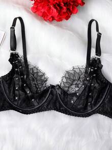 性感内衣女士文胸蓝色网纱刺绣吊带背心三件套 - 黑色 - 查看 4
