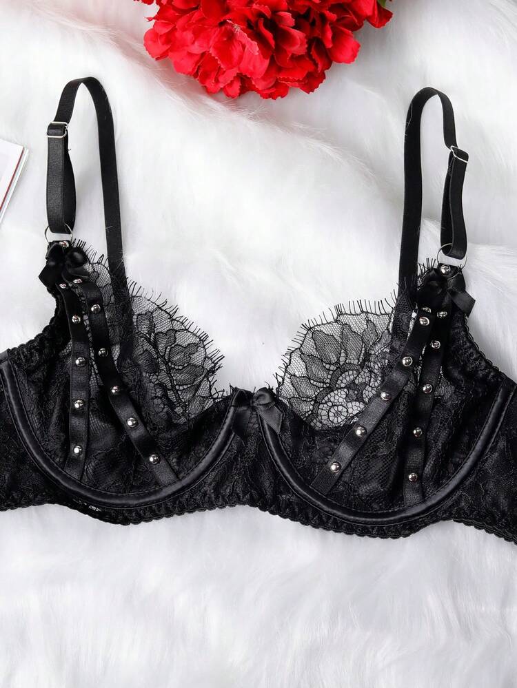 Sexy Lingerie Women's Bra Blue Mesh Embroidered Camisole Set Of 3 - Black - View 4