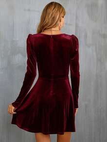Women's Long Sleeve V-Neck Gigot Sleeve Cinched Waist A-Line Velvet Dress - Red - View 5
