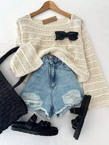 Vintage Style Hollow Out Loose Knit Pullover Top, Versatile And Fashionable - Apricot - View 1