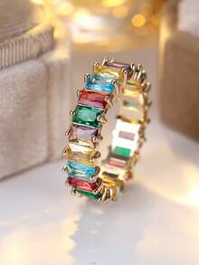 1 件奢华三排方晶锆石女士订婚派对闪亮戒指，优雅宽新娘结婚戒指，配黑白锆石首饰 - 戒指 - 查看 9