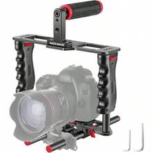Camera Video Cage Film Movie Making Kit Aluminum Alloy With Top Handle Dual Hand Grip Two 15mm Rods Compatible With Canon  Fujifilm Nikon DSLR Camera And Camcorder Black + Red - Red - View 1
