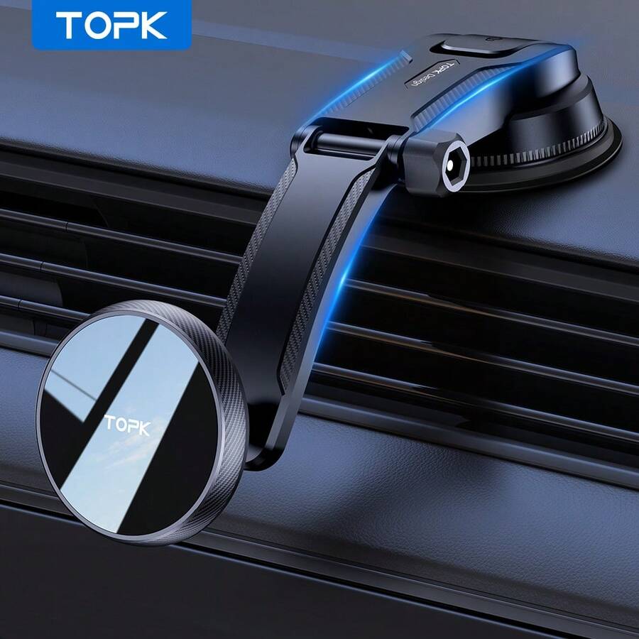 TOPK Magnetic Car Phone Mount, Strong Magnet Dashboard Suction Cup Car Phone Holder With Adjustable Telescopic Arm For All Cell Phones - A - View 1