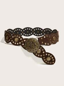 1条女士波西米亚风棕色拼接复古牛头金属扣复古皮带，适合搭配连衣裙、牛仔裤、音乐节、通勤装束 - 棕色牛頭 - 查看 14