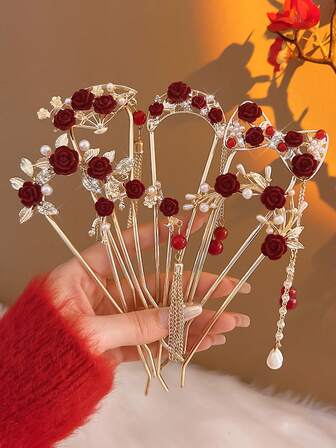中国风红色花朵流苏发夹，优雅流苏发饰，适合盘发造型，圣诞节装饰，情人节礼物，发型发夹，发卡