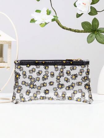 Monedero transparente negro con crisantemo, monedero de moda minimalista y lindo para tarjetas, estuche compacto para lápiz labial, cartera pequeña, monedero, cartera de mujer, cartera de señora