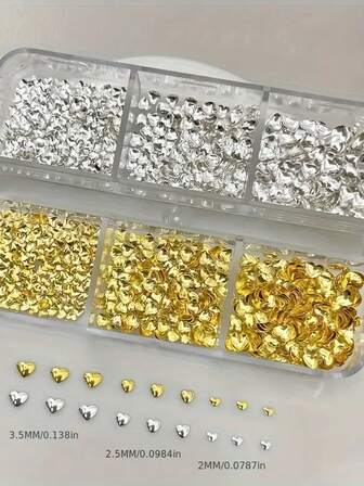 קופסה של אביזרי ציפורניים בצורת לב לקישוט תכשיטי ציפורניים בצורת לב ממתכת בגודל זהב וכסף, אבני חן, סט תכשיטי ציפורניים בצורת לב, אביזרים להכנת ציפורניים מלאכותיות עשה זאת בעצמך, אביזרים קטנים ומקסימים לסלון ציפורניים