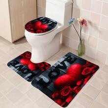 1pc/3pcs/4pcs Valentine's Day LOVE Rose Flower Heart Multifunctional Bathroom Decor Shower Curtain Set, Free 12 Hooks Included, Elegant Holiday Atmosphere, Bathroom Mat, U-Shaped Toilet Mat And Round Toilet Mat, Suitable For All Scenarios Bathroom Set - Multicolor - View 37