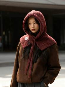 1件装女士拉法帽针织帽带围巾，保暖百搭，适合冬季度假装扮 - 摩卡色 - 查看 2