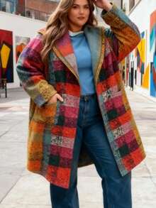 Plus Size Women Autumn/Winter Long Sleeve Pocket Asymmetrical Plaid Print Hooded Open Front Jacket, Colorful Plaid Boho Fashionable Casual Street Wear Coat - Purple - View 3