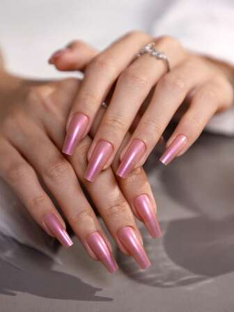 24 uñas postizas en forma de ataúd, juego de manicura con polvo de espejo electrochapado rosa brillante con gel de gelatina y lima de uñas, adecuado para niñas y mujeres para fiestas y citas