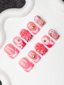 Bộ 10 móng giả vuông thủ công, phong cách Y2K cá tính, màu nude, hồng, đỏ ombre với đầu móng kiểu Pháp, họa tiết hoa, sao, da báo, trang trí móng nghệ thuật sáng bóng, phù hợp cho tiệc tùng, đám cưới, sử dụng hàng ngày, bao gồm bộ dụng cụ, món quà tuyệt vời cho phụ nữ và bé gái. - Nhiều màu - Xem 1