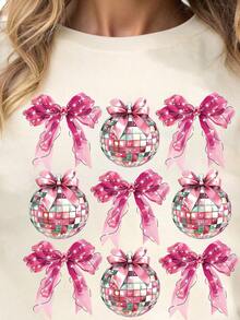 Camiseta de manga corta con cuello redondo para mujer con estampado de bola de discoteca, "Kitty Lady 2026", "Año Nuevo, Yo Nuevo, Nuevo Capítulo", "Hola 026" - Albaricoque - Ver 3