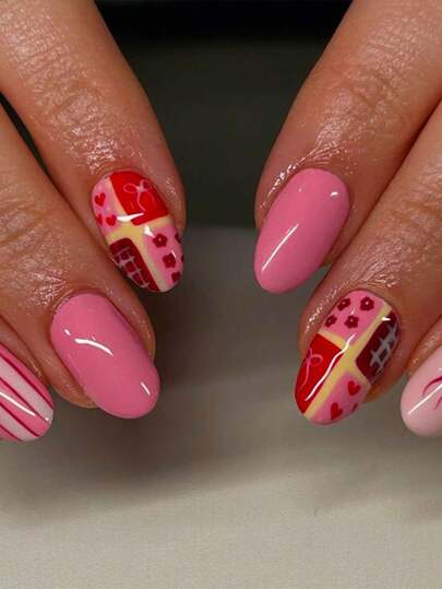 24pcs Short Oval Shaped Bow, Flower & Heart Acrylic Press-On Nails, Includes 1pc Gel Polish And 1pc Nail File. Short Nails Make Your Fingertips Shine Beautifully, Suitable For Parties, Dancing And Daily Use.