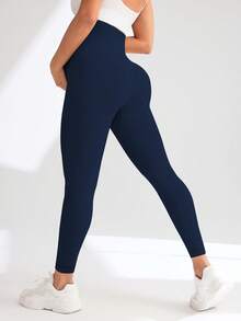 Maternity Seamless High Waist Elastic Solid Color Skinny Leggings Spring - Navy Blue - View 5