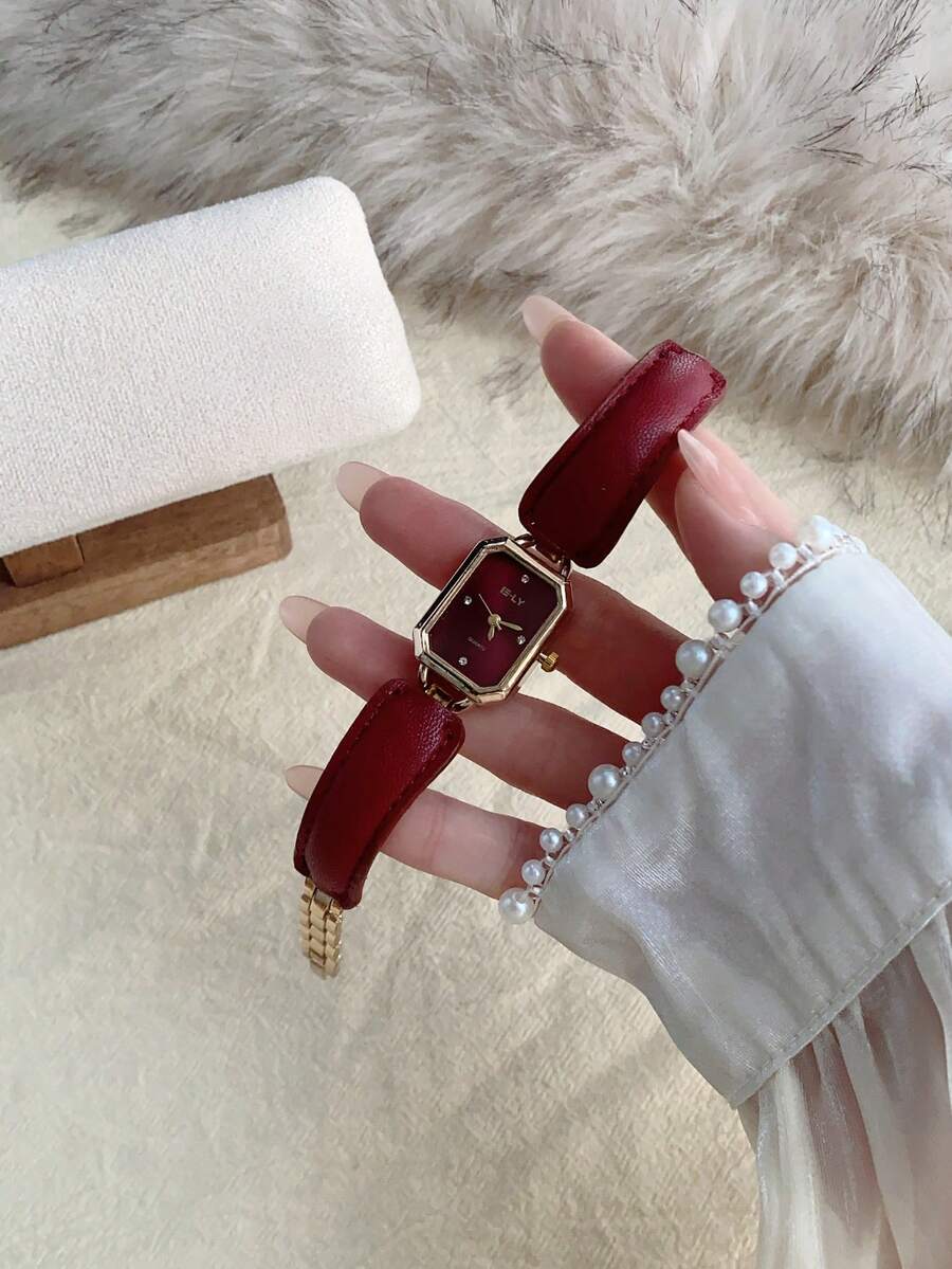 1件女士椭圆形罗马数字休闲优雅石英腕表,适合日常佩戴 - 紅色 - 查看 1