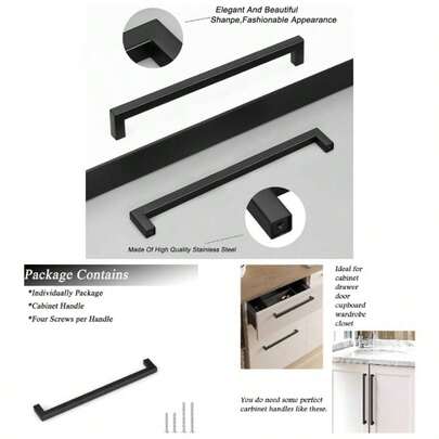 5 Pack Black Kitchen Cabinet Pulls, Stainless Steel 3.75inch Hole Center Kitchen Cabinet Handles, Square Corner Bar Black Dresser Drawer Pull Handles