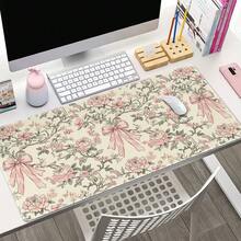 1pc Vintage Floral Desk Mat: Pink Bow Chinese Style Mouse Pad, Gaming/Office Mouse Pad, Desktop Accessory, Computer Accessory Pad, Non-Slip Base And Stitched Edge Keyboard Mouse Mat, Computer Long Desk Mat, Suitable For Gaming And Office - Multicolor - View 1