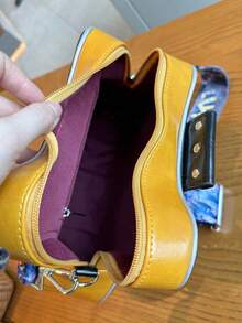 Creative Y2k Style Vintage Guitar Shaped Bag For Girls, Bass Guitar Unique Design Shoulder Bag, Crossbody Bag, Chain & Rivet Decoration, Color Block Wide Strap Unisex Bag, Street Fashion, Rock Style Bag For Women - 彩色 - 查看 5