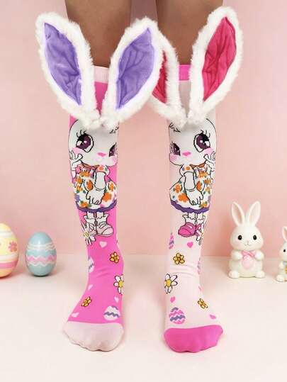 A Pair Of Girls' Cute Rabbit-Themed Over-The-Knee Socks With 3D Skirt, Ear, Or Small Hand Decorations. Suitable For Girls' Daily Wear, Party Outfits, And Ideal As A Holiday Gift.