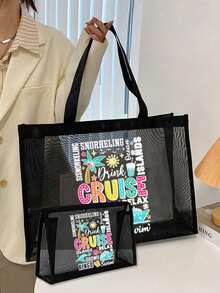 1/2个装 Cruise Life 图案字母印花网眼手提袋，收纳袋，洗漱包，大容量手提包，送给女孩的礼物，母亲节礼物，可折叠收纳袋，适合存放个人旅行化妆品，旅行洗漱包，生日礼物，旅行化妆工具收纳，教师节礼物，送给爱人的礼物，生日礼物，旅行必备，宿舍必备，满足日常旅行需求 - 彩色 - 查看 14