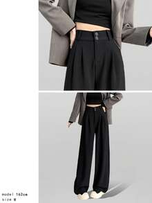 [Work/Part-Time Job Mix And Match] Office Slacks Knit Pants For Women - Spring/Summer Bottoms - Wide Leg Pants - Straight Leg Pants - High Waist - Easy To Wear - Comfortable For All Seasons - Best Price - Available In Sizes S To XL, Suitable For Both Petite And Tall Women, With A Clean And Neat Silhouette. - [Regular Style] Double Buckle Black - View 11