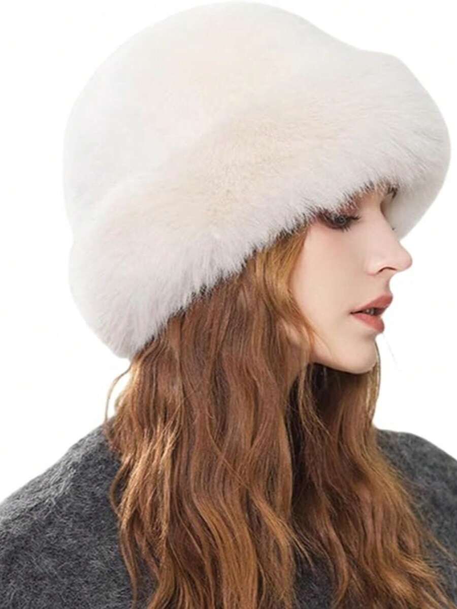 Ladies Fall Winter Plush Beanie Thermal Slimming Face Universal Imitation Mink Earmuff Fisherman Hat Lightweight Pile Fabric Headgear For Daily Outfit Windproof Design Fashionable - 白色 - 查看 1