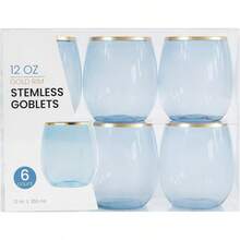 D6 Pack Blue With Gold Rim Plastic Wine Glasses Steml Disposable 12 Oz  Shatterproof Plastic Wine Cups Wine Glasses For Parties - 藍金邊 - 查看 5