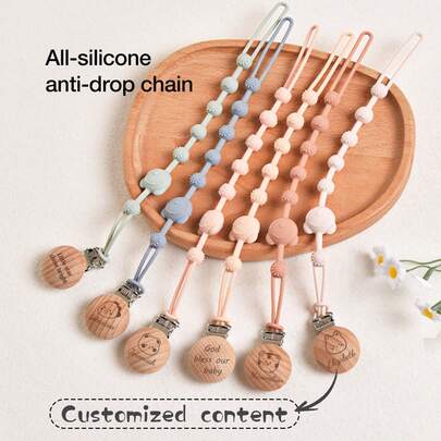 1-4 piezas Correa antiperidida de silicona personalizada para chupete, botella, mordedor, regalo personalizado, correa antiperidida con forma de oso, adecuada para clips de chupete personalizados para niños y niñas, clips de chupete de madera con nombre de niños personalizados