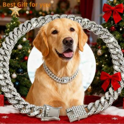 Luxury Diamond Dog Collar, Stainless Steel Metal Chain With Decorative Lock For Walking, Adjustable Pet Jewelry Accessory (Recommend Choosing A Size Up For Comfort)